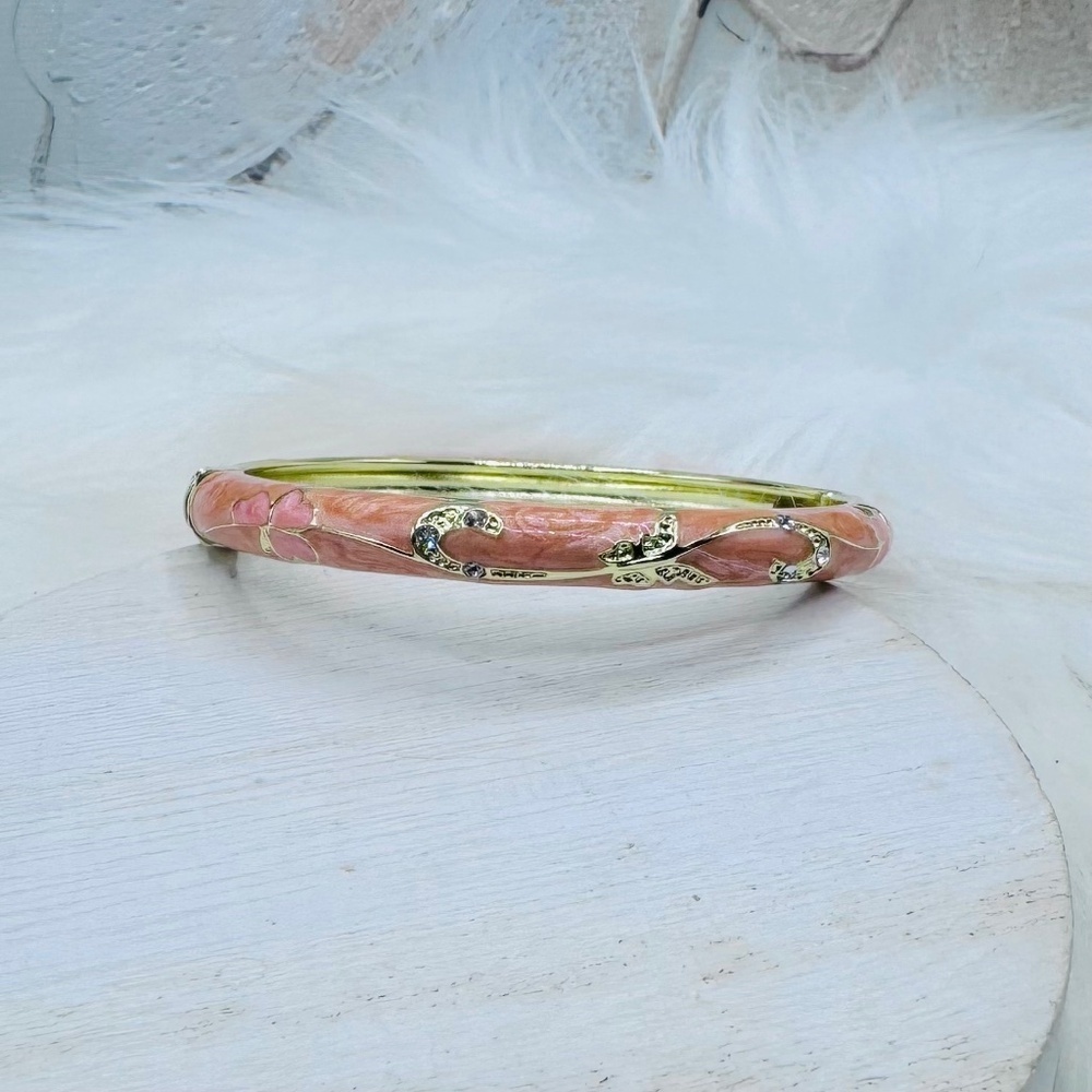 Peachy Pink Flower Enamel Cloisonne Bracelet Bangle